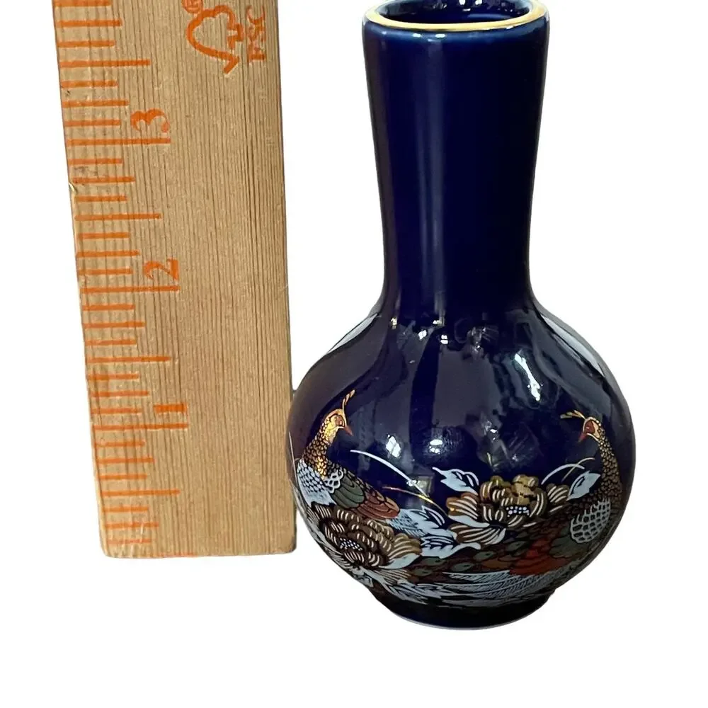 Cobalt Blue Bud Vase Porcelain Hand Painted Peacock Oriental Gold Rim Small READ